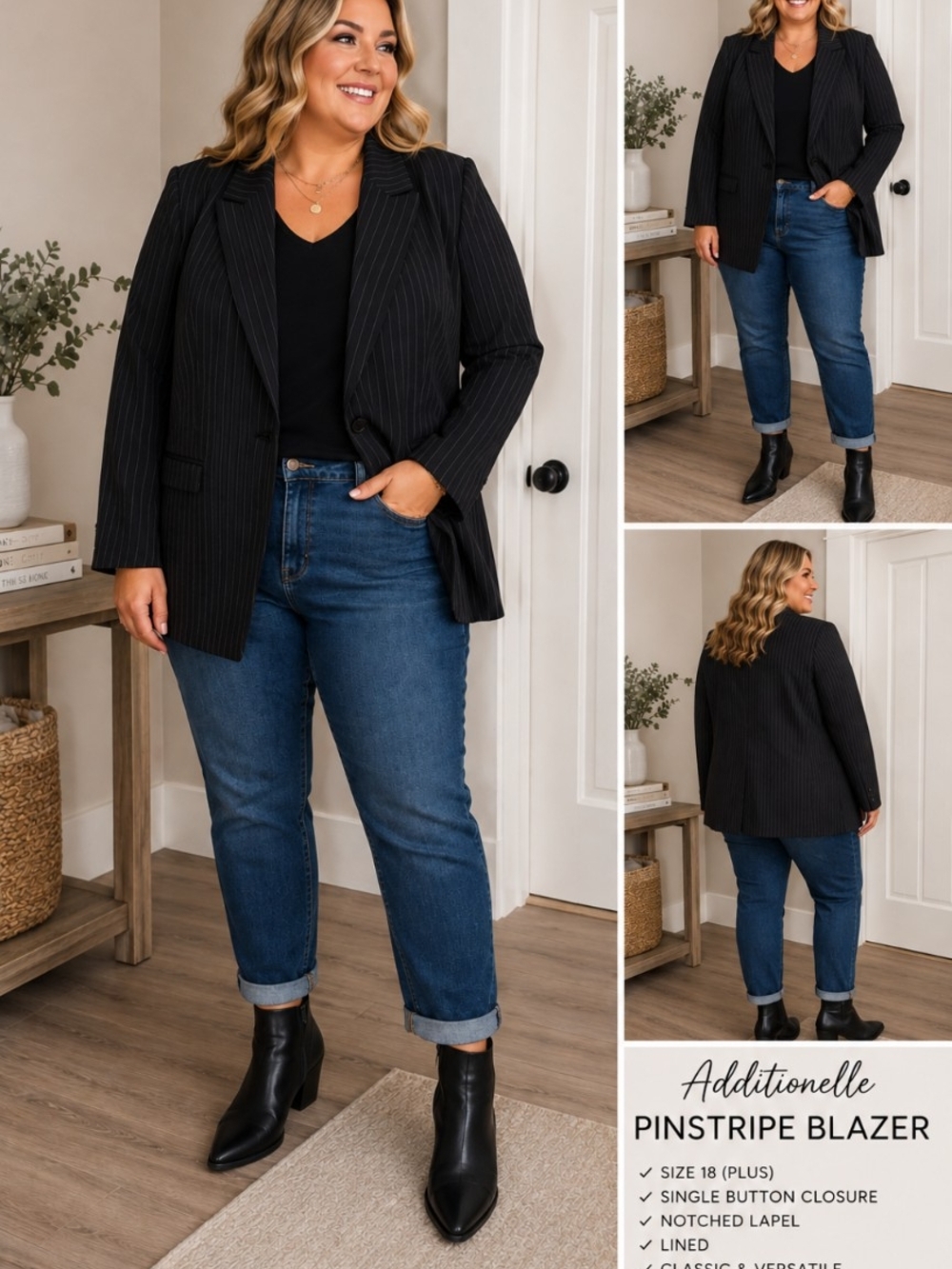 Black Pinstripe Single-Button Blazer - Picture 8 of 8